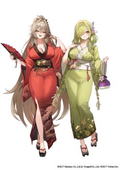 2girls absurdres azur_lane braid breasts cleavage commentary_request de_zeven_provincien_(azur_lane) fangs freng full_body geta green_kimono hair_between_eyes hair_over_one_eye hand_fan highres holding holding_fan japanese_clothes kimono large_breasts lion_(azur_lane) long_hair long_sleeves looking_at_viewer multiple_girls official_art okobo open_mouth parted_lips platform_sandals pointy_ears red_kimono sandals simple_background smile standing twin_braids very_long_hair white_background wide_sleeves