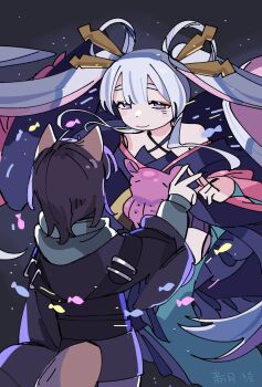 2girls animal_ears bare_shoulders black_background black_hair black_kimono blue_eyes chaoji_xinyue_shuimu chinese_commentary chou_kaguya-hime! closed_mouth commentary_request fish hair_ornament hair_rings hair_stick highres hood hood_down japanese_clothes kimono long_hair long_sleeves looking_at_another multiple_girls purple_eyes runami_yachiyo sakayori_iroha smile twintails v very_long_hair white_hair