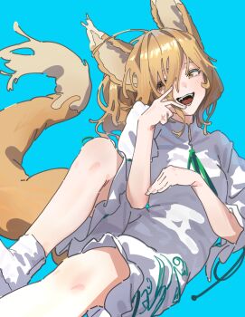 1girl absurdres animal_ears blonde_hair blue_background blush commentary_request fox_ears fox_girl fox_tail green_ribbon hair_between_eyes highres kajatony kudamaki_tsukasa looking_at_viewer open_mouth ribbon romper short_sleeves simple_background smile solo tail touhou white_romper yellow_eyes