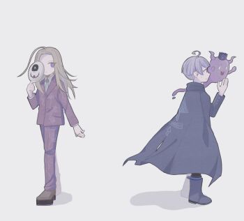 2boys ahoge blonde_hair blue_cape blue_footwear blue_jacket blue_necktie boots brown_footwear cape collared_shirt commentary_request crown floral_print full_body ghost grey_background hand_up highres holding holding_mask ituya_ame jacket long_hair long_sleeves looking_at_another looking_back makoto_kagutsuchi male_focus mask master_detective_archives:_rain_code multiple_boys necktie open_mouth pants profile purple_eyes purple_hair purple_jacket purple_pants shinigami_(ghost)_(rain_code) shinigami_(rain_code) shirt shoes short_hair simple_background spoilers standing unworn_mask white_shirt yuma_kokohead