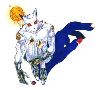 1boy diamond_wa_kudakenai disembodied_hand full_body jojo_no_kimyou_na_bouken killer_queen looking_at_viewer male_focus moiko pectorals red_eyes red_nails simple_background sitting slit_pupils solo stand_(jojo) white_background