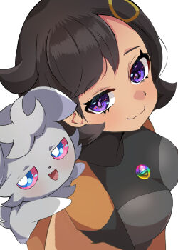 1girl black_bodysuit black_hair bodysuit breasts brown_jacket carrot_summer dark-skinned_female dark_skin emma_(pokemon) espurr gen_6_pokemon hair_ornament highres jacket large_breasts latex latex_bodysuit looking_at_viewer mega_stone nintendo on_shoulder pokemon pokemon_(creature) pokemon_legends:_z-a pokemon_on_shoulder purple_eyes short_hair side_ahoge simple_background white_background