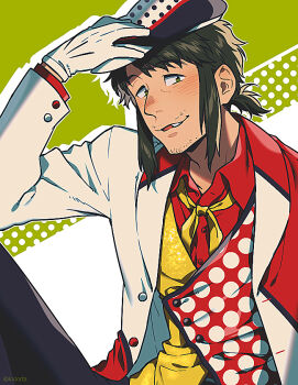 1boy black_hair black_pants blush disney facial_hair gloves goofy green_eyes humanization jacket kiri_futoshi long_sleeves looking_at_viewer male_focus mickey_mouse_&amp;_friends multicolored_jacket multicolored_vest mustache_stubble pants ponytail red_shirt ribbon shirt short_ponytail solo sparse_stubble stubble white_gloves wrinkled_fabric yellow_ribbon