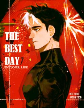 Rule 34 | 1boy, bat signal, batman (series), batman symbol, black bodysuit, black hair, blue eyes, bodysuit, dc comics, gloves, highres, jason todd, krane37109871, male focus, multicolored bodysuit, muscular, muscular male, red hood (dc), red hood and the outlaws, short hair, superhero costume, taut bodysuit, two-tone bodysuit