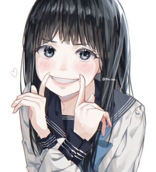 1girl akebi-chan_no_serafuku akebi_komichi black_hair blue_eyes blush clenched_teeth commentary heart highres long_hair mu_ooa roubai_academy_school_uniform_(old) school_uniform serafuku shirt sidelocks simple_background smile solo teeth upper_body white_background white_shirt