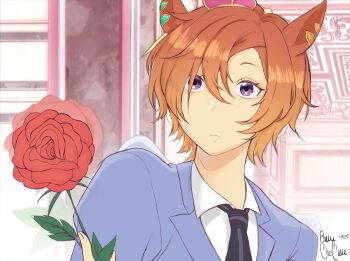 1girl androgynous animal_ears artist_name black_necktie blazer blue_jacket closed_mouth collared_shirt commentary cosplay crown dated derivative_work ear_ornament english_commentary european_architecture flower hair_between_eyes highres holding holding_flower horse_ears horse_girl indoors jacket lapels mini_crown necktie notched_lapels orange_hair ouran_high_school_host_club ouran_high_school_uniform phellychescake purple_eyes red_flower red_rose rose school_uniform screenshot_background shirt short_hair signature solo suou_tamaki suou_tamaki_(cosplay) t.m._opera_o_(umamusume) trait_connection umamusume upper_body white_shirt