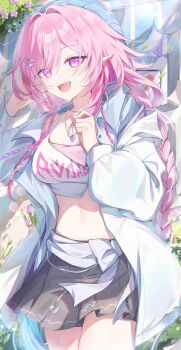 1girl absurdres blue_hat breasts chinese_commentary commentary_request cowboy_shot crop_top cyrene_(honkai:_star_rail) cyrene_(nylon_japan)_(honkai:_star_rail) cyrene_(ripples_of_past_reverie)_(honkai:_star_rail) diamond-shaped_pupils diamond_(shape) grey_skirt hair_ornament hairclip hands_up hat heart heart_necklace highres honkai:_star_rail honkai_(series) jacket jewelry large_breasts looking_at_viewer navel necklace official_alternate_costume open_mouth parallel_hairclips pointy_ears shirt sidelocks skirt smile solo stomach symbol-shaped_pupils thighs white_jacket white_shirt zixi