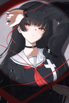 1girl absurdres arm_up black_choker black_hair black_jacket black_shirt blunt_bangs breasts bright_pupils chisa_(wuthering_waves) choker commentary hair_ribbon highres jacket long_hair medium_breasts mole mole_under_eye nanashi1329 neckerchief parted_lips red_eyes red_neckerchief red_ribbon ribbon sailor_collar shirt solo upper_body white_pupils white_sailor_collar wuthering_waves