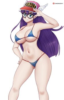 blue_eyes breasts chronosth1 dr._slump glasses hat large_breasts long_hair norimaki_arale purple_hair smile swimsuit