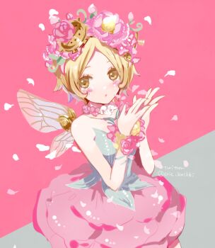 1girl :o blonde_hair commentary eric_knikki fairy_wings falling_petals flower flower_dress flower_necklace flower_on_head goggles goggles_on_head hair_flower hair_ornament identity_v jewelry looking_at_viewer necklace official_alternate_costume petals pink_flower pink_theme short_hair solo symbol-only_commentary tracy_reznik tracy_reznik_(everlasting_flower) wings yellow_eyes