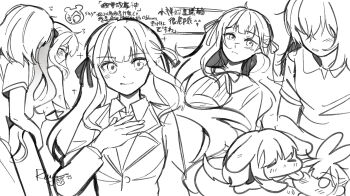 2girls animal_ears bang_dream! bang_dream!_it&#039;s_mygo!!!!! blush chinese_commentary chinese_text commentary_request dog_ears dog_girl greyscale hair_ribbon hand_on_own_chest haneoka_school_uniform highres hug kemonomimi_mode long_hair medium_hair misumi_uika monochrome multiple_girls rabbit_ears rabbit_girl ribbon school_uniform short_sleeves togawa_sakiko translation_request yoyoray20001996