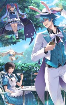 abby_(wuthering_waves) apron belt black_belt black_bow black_bowtie black_hair black_shirt black_shoes blue_bow blue_dress blue_hair blue_sky blue_vest bow bowtie brant_(wuthering_waves) cake cake_slice collared_shirt commentary commentary_request cup day dress english_commentary female_rover_(wuthering_waves) food hair_bow hat heterochromia highres holding holding_cup in_tree jacket long_dress mixed-language_commentary multicolored_hair not_tatenaname official_alternate_costume outdoors pants pink_eyes pink_hair purple_eyes roccia_(wuthering_waves) rover_(wuthering_waves) shirt shoes short_hair sitting sitting_in_tree sky smile teacup tree twintails two-tone_hair vest waist_apron white_hat white_jacket white_pants wuthering_waves yellow_eyes