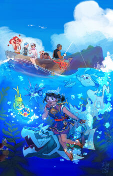 Rule 34 | 2boys, 4girls, absurdres, air bubble, akari (pokemon), arms behind head, basculegion, basculegion (female), bird, black hair, black shirt, blue hair, blue sky, blush, boat, breasts, bubble, buizel, cleavage, closed eyes, closed mouth, cloud, commentary, cyllene (pokemon), dark-skinned male, dark skin, dated, day, egg, english commentary, fangs, fiarfli, finneon, fish, fishing, fishing rod, gen 1 pokemon, gen 2 pokemon, gen 3 pokemon, gen 4 pokemon, gen 6 pokemon, goggles, highres, hisuian growlithe, holding, holding egg, holding fishing rod, iscan (pokemon), jet ball, long hair, manaphy egg, mantyke, midriff, multiple boys, multiple girls, nintendo, octillery, on boat, open mouth, outdoors, overqwil, palina (pokemon), poke ball, pokemon, pokemon (creature), pokemon egg, pokemon legends: arceus, professor laventon, red hair, remoraid, riding, riding pokemon, seaweed, shirt, short hair, signature, skrelp, sky, sleeveless, sleeveless shirt, smile, sparkle, staryu, sweatdrop, swim goggles, teeth, underwater, upper teeth only, very short hair, waist poke ball, watercraft, wingull, zisu (pokemon)