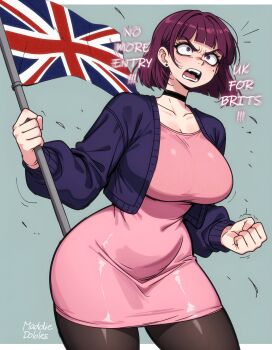 1girl absurdres ai-assisted amelia_(pathways) blunt_bangs choker dress flag highres jacket maddiedobles mole mole_under_eye open_clothes open_jacket open_mouth pantyhose pathways_(game) pink_dress screaming simple_background solo standing union_jack united_kingdom