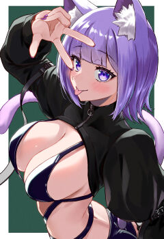 1girl absurdres animal_ears bikini black_bikini black_shrug blush breasts cat_ears cat_girl cat_tail cleavage closed_mouth clothing_cutout highres hololive large_breasts looking_at_viewer medium_hair nekomata_okayu ooike_teru purple_eyes purple_hair shrug_(clothing) smile solo swimsuit tail tail_through_clothes tongue tongue_out v virtual_youtuber