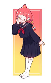 1girl blunt_bangs border braid commentary fangs full_body glasses highres hikasa_tomoshika long_sleeves neckerchief one_eye_closed onpa_(onpa_sound) open_mouth pleated_skirt red-framed_eyewear red_hair red_neckerchief round_eyewear sailor_collar skin_fangs skirt socks solo symbol-only_commentary transparent_border virtual_youtuber voms white_socks yellow_nails