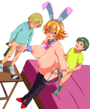 1girl 2boys age_difference bed blonde_hair breasts brown_hair clothed_female_nude_male clothed_sex grabbing_from_behind green_hair huge_breasts igawa_sakura lying mr.papaya multiple_boys nipples nude on_bed orange_hair penis_grab purple_hair sex sex_from_behind short_hair shota simple_background size_difference small_penis taimanin_(series) taimanin_asagi white_background