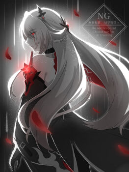 1girl acheron_(honkai:_star_rail) ama_rinngoo armor blood bloody_tears buckle choker colored_extremities commentary_request flame_print flower from_behind gloves hair_ornament highres honkai:_star_rail honkai_(series) off_shoulder petals rain red_eyes red_flower red_hands shoulder_armor sidelocks watermark white_hair