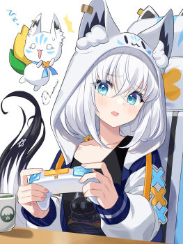 1girl animal_ear_fluff animal_ears beer_mug black_shirt blue_eyes blue_neckerchief controller corn cup fox_ears fox_girl fox_tail game_controller highres holding holding_controller hololive hood hoodie loungewear mascot momone_cco mug neckerchief official_alternate_costume shirakami_fubuki shirakami_fubuki_(loungewear) shirt sukonbu_(shirakami_fubuki) tail virtual_youtuber white_hair