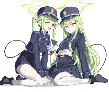 2girls absurdres black_boots black_hat black_jacket black_shorts black_skirt blue_archive blush boots closed_mouth commentary demon_girl demon_tail fang full_body gloves green_hair green_halo halo hat highres hikari_(blue_archive) jacket long_hair long_sleeves looking_at_viewer multiple_girls nozomi_(blue_archive) open_mouth pantyhose pleated_skirt pointy_ears shorts sitting skirt smile sob_(submar1089) tail twintails very_long_hair white_background white_pantyhose yellow_eyes