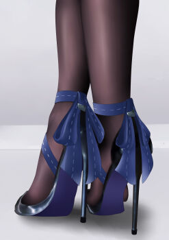 Rule 34 | 1girl, absurdres, ankle bow, ankle ribbon, black footwear, black pantyhose, blue footwear, blue ribbon, bow, close-up, feet, fine fabric emphasis, foot focus, grey background, heel up, high heels, highres, leg ribbon, legs, lower body, official alternate costume, pantyhose, pumps, ribbon, shadow, shoes, simple background, solo, standing, stiletto heels, strappy heels, sym., tiptoes, toe cleavage
