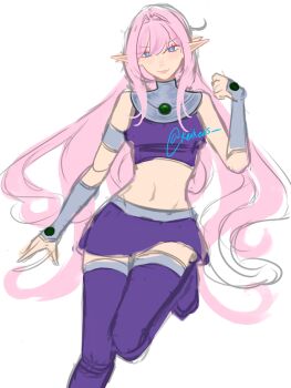 1girl blue_eyes boots breasts bridal_gauntlets commentary cosplay crop_top dc_comics elf elysia_(honkai_impact) english_commentary highres honkai_(series) honkai_impact_3rd keikeiis long_hair looking_at_viewer medium_breasts midriff miniskirt navel pink_hair pointy_ears purple_boots purple_skirt simple_background skirt solo starfire starfire_(cosplay) teen_titans thighs twitter_username very_long_hair white_background