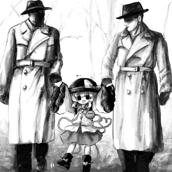 1girl 2boys belt buttons coat commentary_request diamond_button gloves hair_between_eyes hat hat_ribbon heripantomorrow holding_hands komeiji_koishi looking_at_viewer multiple_boys open_mouth pants ribbon shoes sidelocks skirt smile third_eye touhou tree walking