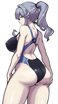 1girl ass black_one-piece_swimsuit blue_eyes blue_hair blue_one-piece_swimsuit breasts competition_swimsuit gotland_(kancolle) hair_between_eyes highleg highleg_one-piece_swimsuit highres kantai_collection large_breasts long_hair looking_at_viewer looking_back mole mole_under_eye one-piece_swimsuit racerback solo swimsuit two-tone_swimsuit unagiman