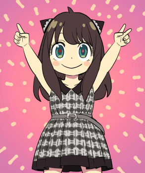 Rule 34 | 1girl, alternate hair color, anya (spy x family), aqua eyes, arms up, black hair, blush stickers, dress, endou tatsuya, gradient background, grey dress, hairpods, highres, index finger raised, medium hair, solo, spy x family, v