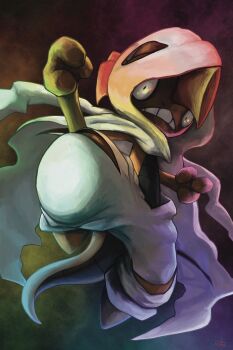 absurdres colored_skin dot_pupils flying_kick gen_5_pokemon highres kicking lizard mega_pokemon mega_scrafty mohawk nintendo no_humans nostrils orange_skin pants pokemon pokemon_(creature) pokemon_focus red_hair riotono_0643 sagging_pants scrafty shedding shedding_skin tail teeth torn_clothes torn_pants white_hood white_pants