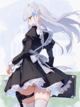 1girl alternate_costume apron black_dress closed_mouth cross_hair_ornament danraz0r dress enmaided girls&#039;_frontline green_eyes hair_ornament highres hk416_(girls&#039;_frontline) long_hair maid maid_headdress panties pantyshot solo tattoo teardrop_facial_mark teardrop_tattoo thighhighs underwear white_apron white_hair white_panties white_thighhighs