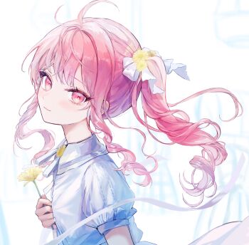 Rule 34 | 1other, absurdres, aegyo sal, akiyama mizuki, arm at side, blurry, blurry background, blush, bow, closed mouth, collared dress, commentary, dress, drill hair, drill ponytail, drill sidelocks, flower, flower request, from side, hair bow, hair flower, hair ornament, hand up, highres, hodokenu ashita ni te wo nobashite (project sekai), holding, holding flower, light smile, long hair, long sidelocks, looking at viewer, neck flower, neck ribbon, official alternate costume, other focus, pink eyes, pink hair, pipi (pipinavigation), project sekai, puffy short sleeves, puffy sleeves, ribbon, short sleeves, side ponytail, sidelocks, solo, tareme, turning head, upper body, white bow, white dress, white ribbon, yellow flower