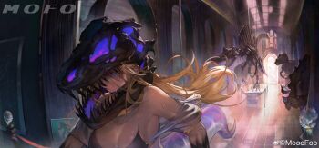 1girl absurdres animal_skull bikini black_bikini black_skin blonde_hair blue_eyes colored_skin dinosaur dinosaur_skeleton emergency_exit exit_sign film_grain fossil gold_trim highres jewelry long_hair mooofoo multiple_expressions museum neck_ring original purple_tail running sauropod scared skeleton skull_on_head solo spinosaurus stanchion swimsuit tail triceratops tyrannosaurus_rex watermark weibo_username weibo_watermark wide-eyed window