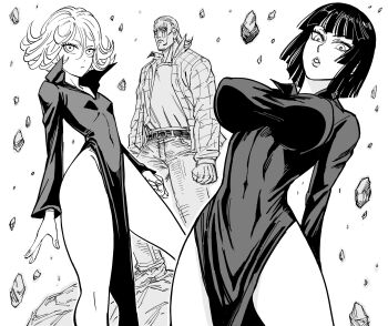 1boy 2girls absurdres bb_(baalbuddy) belt belt_buckle black_hair breasts buckle curly_hair debris denim dress flannel fubuki_(one-punch_man) greyscale hair_between_eyes highres hime_cut jacket jeans king_(one-punch_man) large_breasts monochrome multiple_girls one-punch_man open_clothes open_jacket pants scar scar_across_eye scar_on_face short_hair siblings side_slit simple_background sisters small_breasts tatsumaki taut_clothes taut_dress white_background