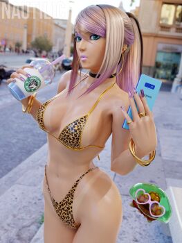 1girl 3d absurdres alien bimbofication black_eyeliner black_streaks blonde_hair blue_eyes blue_eyeshadow bracelet breasts bubble_tea cellphone cleavage corruption day earrings eyeliner eyeshadow gradient_hair gyaru highres jewelry kraid leopard_print leopard_print_bikini long_hair looking_at_viewer makeup metroid metroid_(creature) metroid_larva midriff mole mole_under_mouth multicolored_hair nautilic navel nintendo outdoors phone pink_lips pink_nails pink_streaks ponytail print_bikini rome_(city) samus_aran santa_maria_in_trastevere smartphone solo st._peter's_basilica starbucks streaked_hair sunglasses tan tanline