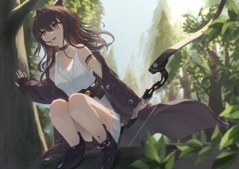 1girl akabane_hibame animal_ears arknights bow_(weapon) brown_hair day dress forest full_body highres holding holding_bow_(weapon) holding_weapon long_hair looking_to_the_side lunacub_(arknights) material_growth nature on_tree open_clothes open_mouth oripathy_lesion_(arknights) outdoors solo squatting weapon white_dress yellow_eyes