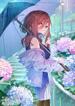 1girl bibisuka black_pantyhose blue_dress blue_eyes blue_umbrella commentary_request copyright_name copyright_notice dress flower from_side go-toubun_no_hanayome hair_between_eyes headphones headphones_around_neck highres holding holding_umbrella hood hoodie lamppost long_hair long_sleeves nakano_miku off_shoulder official_art open_clothes open_hoodie outdoors pantyhose parted_lips pleated_dress rain red_eyes sleeveless sleeveless_dress solo stairs standing umbrella white_hoodie
