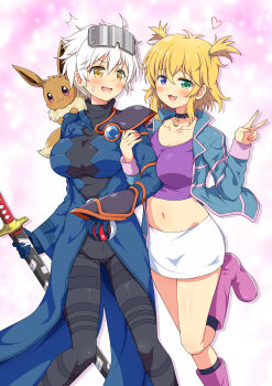 2girls :3 absurdres ahoge black_bodysuit black_socks blonde_hair blue_coat blue_eyes blue_gemstone blue_jacket blush bodysuit boots breasts choker cleavage coat collarbone collared_jumpsuit commission cosplay crescent crossover eevee eevee_ears eevee_tail eggman_(ni_tamagoex) embarrassed fluffy forehead_protector gem gen_1_pokemon gloves green_eyes groin hair_between_eyes heart heterochromia highres holding holding_another&#039;s_arm holding_poke_ball holding_sheath holding_sword holding_weapon jacket jumpsuit katana large_breasts long_coat long_sleeves looking_at_viewer midriff miniskirt miyabi_(senran_kagura) multicolored_jacket multiple_girls navel nintendo ofuda on_shoulder open_mouth pendant_choker pink_background pink_jacket poke_ball poke_ball_(basic) pokemon pokemon_(creature) pokemon_colosseum pokemon_on_shoulder purple_eyes purple_shirt rui_(pokemon) rui_(pokemon)_(cosplay) ryouna_(senran_kagura) scabbard senran_kagura senran_kagura_shinovi_versus sheath sheathed shiny_skin shirt short_hair shoulder_pads sidelocks single_shoulder_pad skeb_commission skirt slit_pupils smile snag_machine socks standing stomach sweatdrop sword thigh_strap tsuba_(guard) tsuka-ito tsuka_(handle) twintails two-tone_jacket v v-shaped_eyebrows weapon wes_(pokemon) wes_(pokemon)_(cosplay) white_hair white_skirt yellow_eyes yuri