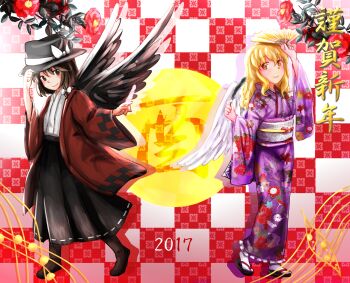 Rule 34 | 2017, 2girls, adapted costume, adjusting clothes, adjusting headwear, angel, black hat, black skirt, blonde hair, boots, bow, brown boots, brown eyes, camellia, chrysanthemum print, closed mouth, commentary request, feathered wings, feathers, floral print, flower, hair bow, hand fan, haori, happy new year, hat, hat bow, holding, holding fan, holding feather, japanese clothes, kimono, long hair, long skirt, long sleeves, maribel hearn, minus (sr mineka), missing headwear, multiple girls, new year, obi, peony print, purple kimono, red flower, red haori, ribbon-trimmed skirt, ribbon trim, sandals, sash, shirt, short hair, skirt, smile, socks, standing, touhou, translation request, usami renko, white bow, white sash, white shirt, white socks, white wings, wide sleeves, wings, yellow eyes