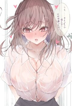 1girl :o absurdres arms_behind_back blush breasts breath brown_hair button_gap cleavage collarbone commentary_request covered_erect_nipples heart highres hii_(mzgu8388) idolmaster idolmaster_shiny_colors inverted_nipples large_breasts long_hair nipples no_bra nose_blush open_collar red_eyes see-through_clothes see-through_shirt shirt shirt_tucked_in short_sleeves solo speech_bubble sweat translation_request tsukioka_kogane wet wet_clothes wet_shirt