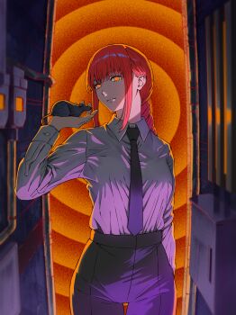 1girl absurdres animal animal_on_head black_necktie black_pants chainsaw_man closed_mouth collared_shirt commentary_request cowboy_shot grey_shirt highres long_sleeves looking_at_viewer makima_(chainsaw_man) mouse_(animal) mouse_on_hand necktie on_head orange_eyes pants red_hair ringed_eyes shirt shirt_tucked_in sidelocks solo zupakyo