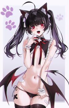 1girl ahoge animal_ear_fluff animal_ears bandaid bandaid_on_arm bandaid_on_thigh bite_mark black_hair black_panties black_thighhighs black_wings blush border cat_ears collar commentary cowboy_shot cross crossed_bandaids demon_girl demon_tail demon_wings fangs flat_chest frilled_collar frilled_wristband frills gluteal_fold hair_ornament hair_ribbon hand_up highres legs_together long_hair looking_at_viewer low_wings navel neck_ribbon ompf open_mouth original outside_border panties red_eyes red_ribbon ribbon side-tie_panties solo standing string_panties symbol-only_commentary tail thigh_gap thighhighs twintails underwear white_border white_ribbon wings