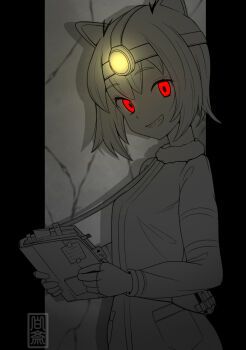 1girl animal_ears arai-san_mansion bottle breasts commentary_request cowboy_shot fingerless_gloves fur-trimmed_jacket fur_trim giant_otter_(kemono_friends)_(kuro_(kurojill)) gloves glowing greyscale hakusai_(user_nkkd7242) headlamp highres holding holding_notebook jacket kemono_friends looking_at_viewer monochrome notebook otter_ears otter_girl red_eyes shade sharp_teeth short_hair smile solo spot_color teeth