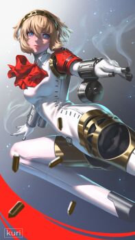 1girl absurdres aigis_(persona) android armband artist_name blonde_hair blue_eyes bow bowtie closed_mouth commentary finger_cannon from_below highres joints kuri_forseti looking_at_viewer medium_hair persona persona_3 red_armband red_bow robot_girl robot_joints s.e.e.s shell_casing short_hair smoke solo watermark