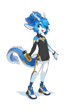 1girl 2023 absurdres black_eyes black_shirt blue_fur blue_hair bracelet chinese_commentary commentary dragon dragon_girl dragon_horns dragon_tail eastern_dragon elbow_gloves english_commentary fingerless_gloves furry furry_female gloves hair_ornament hairband highres horns jewelry krita_(medium) leggings leiting_the_spirit_loong_(anthro_form) lightning_bolt lightning_bolt_hair_ornament lightning_bolt_symbol looking_at_viewer open_mouth original ponytail raised_inner_eyebrows shirt shoes short_hair short_ponytail signature simple_background sleeveless sleeveless_shirt smile sneakers spirit_animals_in_disguise standing tail tareme tight_clothes tight_shirt tyson_tan white_leggings wristband