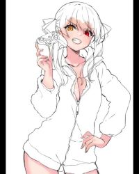 1girl alternate_costume animated breasts brown_jacket cleavage collarbone controller cowboy_shot fur_jacket game_controller grin hair_ribbon hand_on_own_hip heterochromia holding holding_controller holding_game_controller hololive houshou_marine jacket lips long_hair looking_at_viewer making-of medium_breasts naked_jacket partially_unzipped pillarboxed red_eyes red_hair ribbon shuri_(84k) simple_background smile solo twintails video virtual_youtuber white_background yellow_eyes zipper