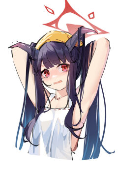 1girl apron armpits arms_behind_head arms_up bare_arms bare_shoulders blue_archive blush breasts chinese_commentary collarbone commentary_request demon_horns fuuka_(blue_archive) hair_on_horn halo hat highres horns long_hair looking_at_viewer naked_apron no_bra open_mouth painterliuhao red_eyes red_halo simple_background small_breasts solo upper_body wavy_mouth white_apron white_background yellow_hat