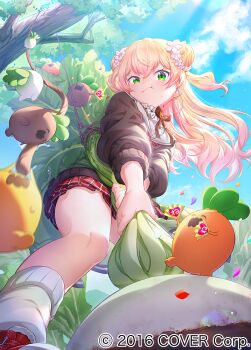 1girl blonde_hair blue_sky brown_cardigan cardigan closed_mouth collar commentary_request company_name copyright_notice double_bun floating_hair flower foreshortening frilled_collar frills from_below gradient_hair green_eyes hair_bun hair_flower hair_ornament hand_fan hanging_from_rope holding hololive long_hair loose_socks momosuzu_nene momosuzu_nene_(casual) mucchiri_shiitake multicolored_hair nekko_(momosuzu_nene) official_alternate_costume official_art outdoors paper_fan pink_flower pink_hair plaid_clothes plaid_skirt pulling red_skirt sailor_collar skirt sky socks standing sweatdrop tree two_side_up virtual_youtuber white_sailor_collar white_socks