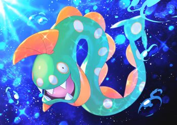 air_bubble animal_focus blue_background bubble commentary_request full_body gen_3_pokemon glint highres huntail nintendo no_humans omega_takai open_mouth pokemon pokemon_(creature) sharp_teeth solo teeth underwater