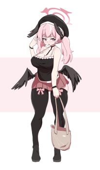 1girl aged_up bag bare_shoulders black_bow black_choker black_shirt black_thighhighs black_wings blue_archive blush body_markings bow breasts choker cleavage covered_erect_nipples embarrassed halo head_wings koharu_(blue_archive) large_breasts looking_to_the_side mabufuyo medium_hair pink_eyes pink_hair pink_halo pink_ribbon red_skirt ribbon shirt shoulder_bag skirt solo thick_thighs thigh_peek thighhighs thighs twintails wings wristband